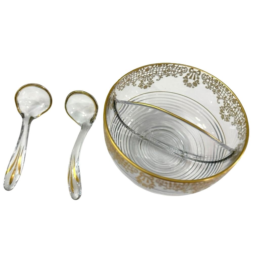 Glass Bowl and 2 Serving Spoons Gold Inlay Floral Divided Serving 3 x 6